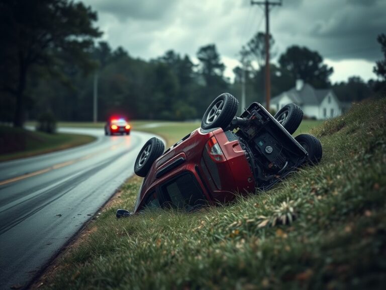 Flick International overturned red SUV in a grassy ditch after a high-speed chase