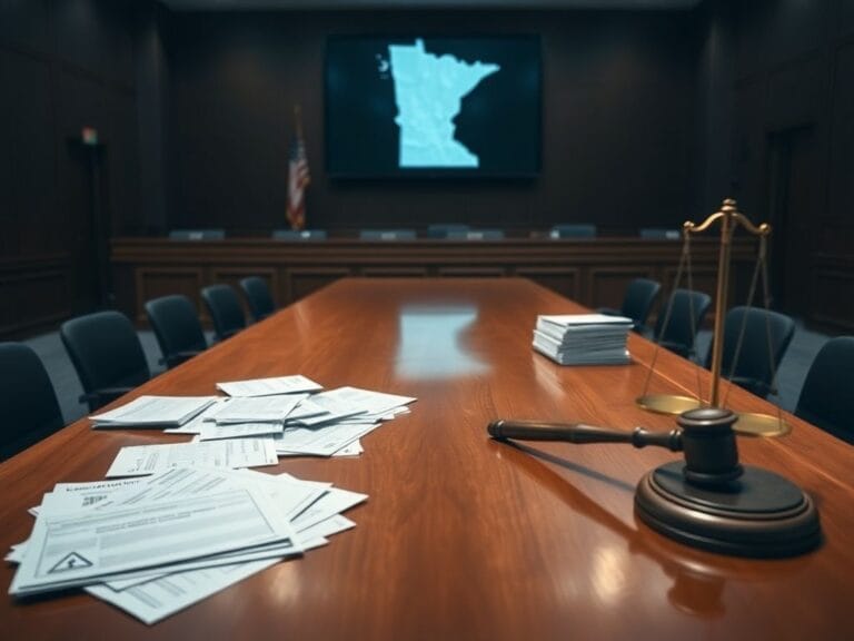 Flick International Dimly lit courtroom symbolizing the election integrity fraud case in Minnesota