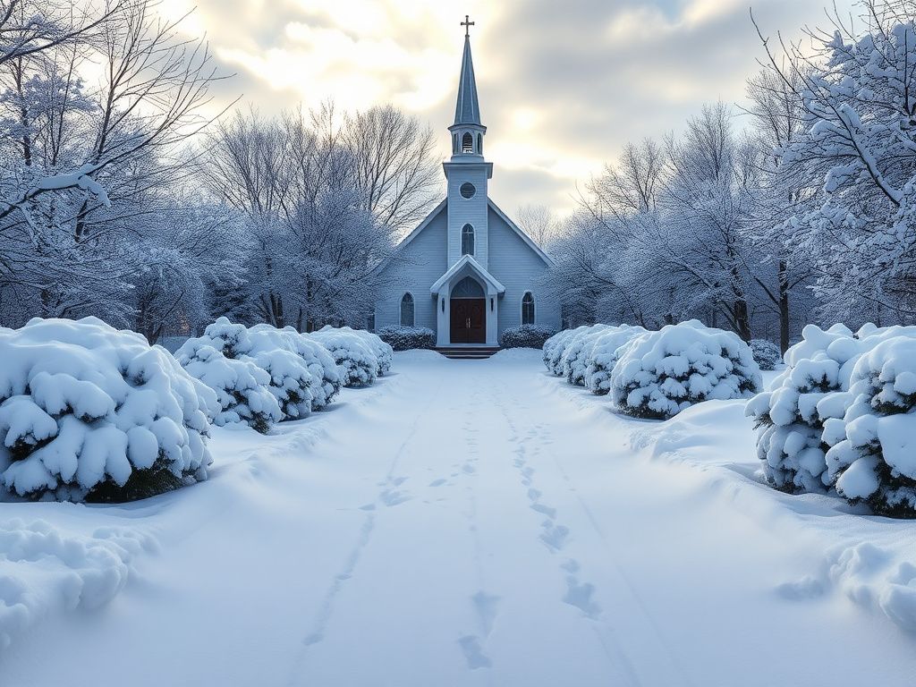 Flick International Serene winter scene with deep snow covering a quaint church