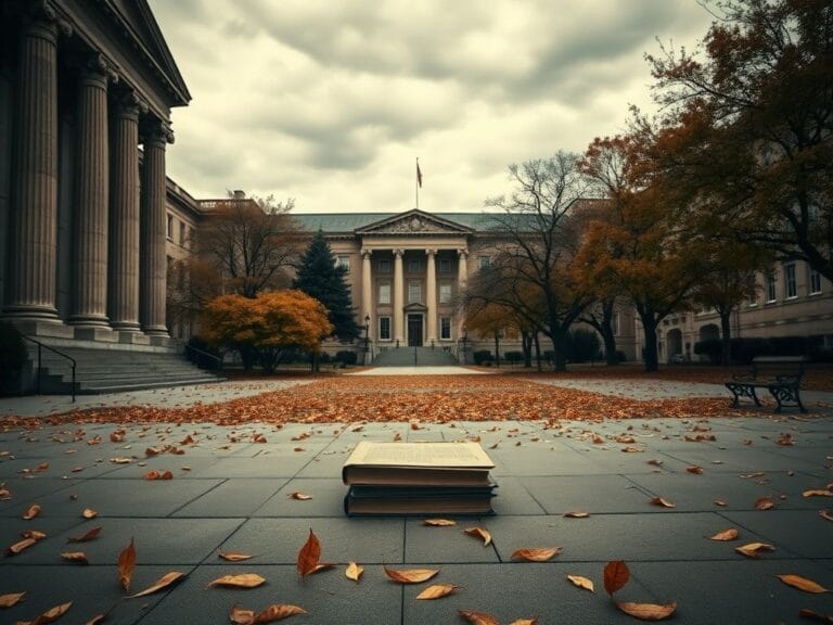 Flick International Somber scene outside a prestigious university with classical architecture and autumn leaves
