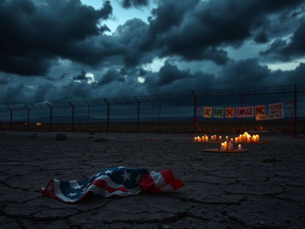 Flick International A desolate border landscape at dusk with a crumpled flag symbolizing immigration struggles