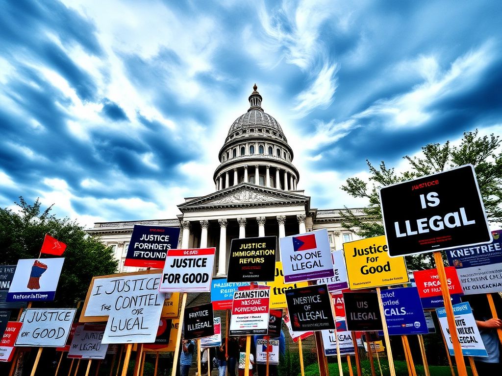 Flick International Exterior view of the Minnesota Capitol with protest signs for immigration justice