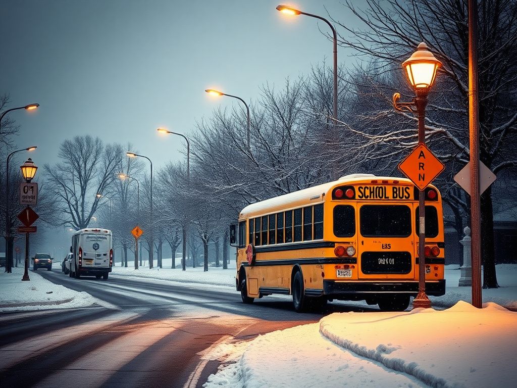 Flick International Snowy urban street in Arlington, Virginia, with a disabled school vehicle parked