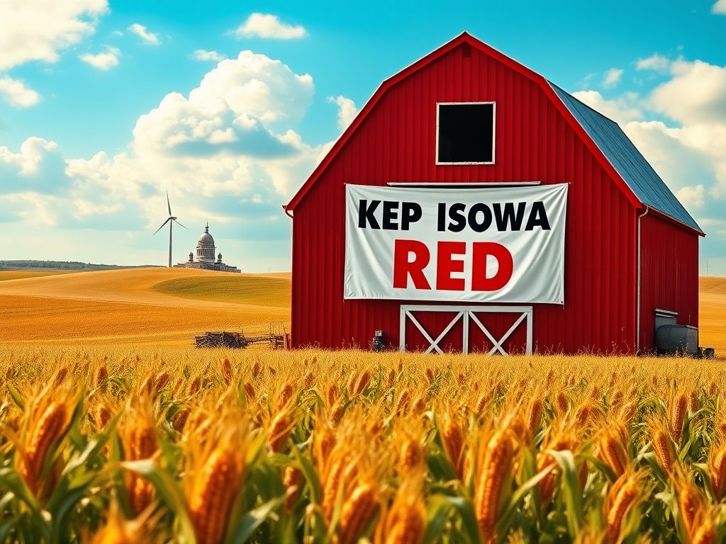 Flick International A vibrant Iowa landscape with a rural red barn showing a 'Keep Iowa Red' banner and a field of corn in the foreground