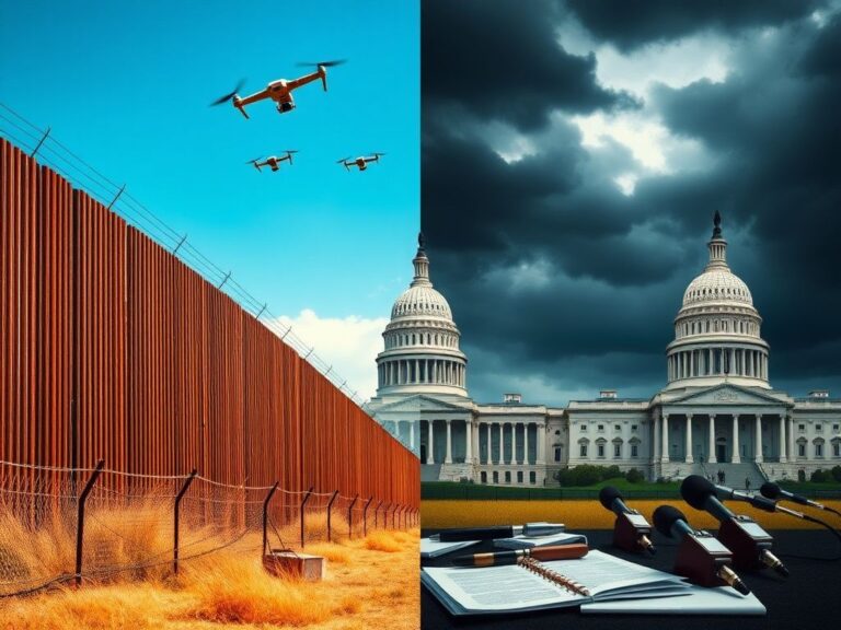 Flick International Detailed depiction of the U.S.-Mexico border with a fortified wall and surveillance drones
