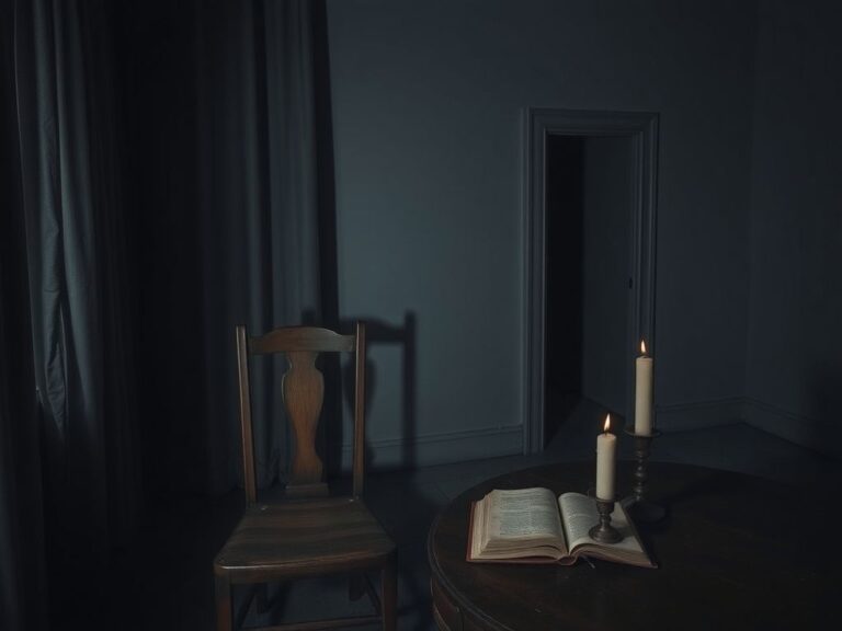 Flick International Dimly lit empty room symbolizing fear of confinement with an old wooden chair and a dusty book.