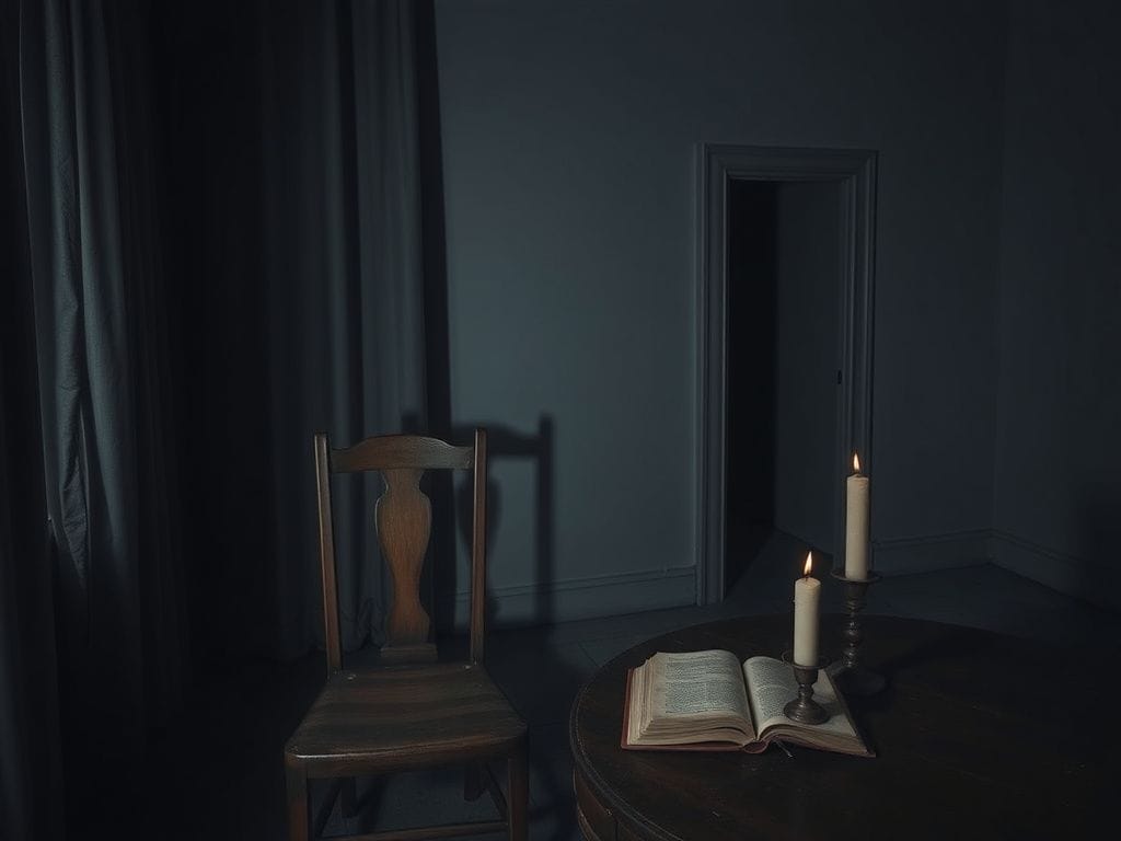 Flick International Dimly lit empty room symbolizing fear of confinement with an old wooden chair and a dusty book.