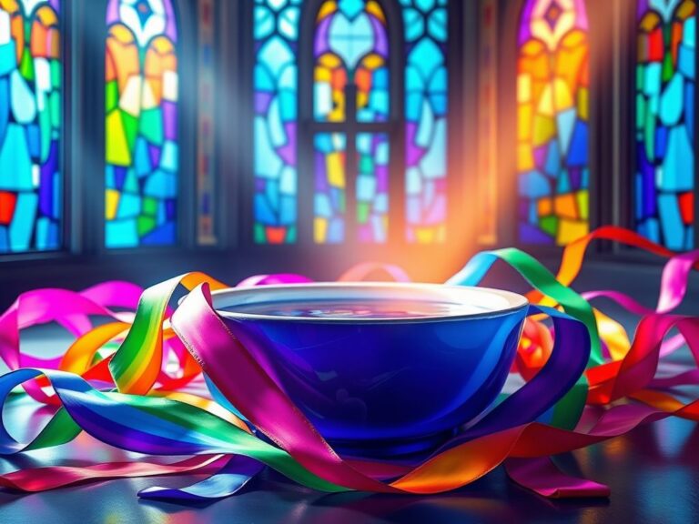 Flick International Abstract representation of a baptismal font surrounded by colorful ribbons symbolizing diversity and queerness with stained glass windows