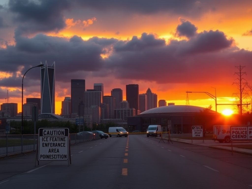 Flick International A dramatic sunset over Minneapolis city skyline with police barricades