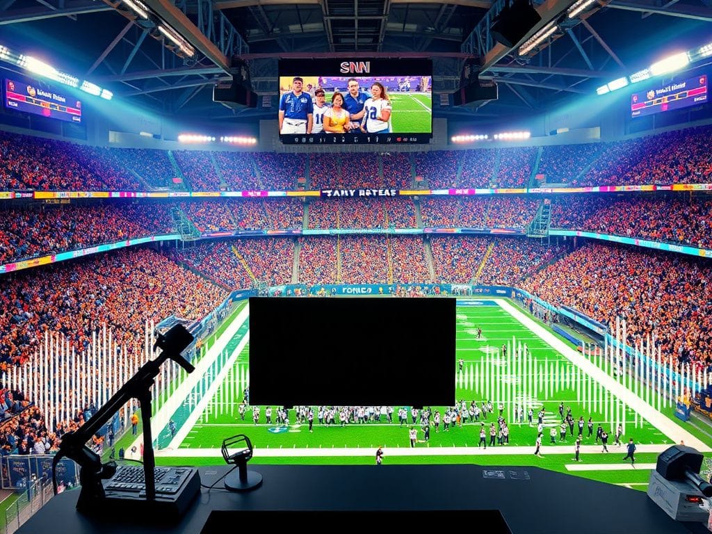 Flick International A vibrant football stadium scene capturing the energy of an NFL game day with a broadcasting booth in the foreground.