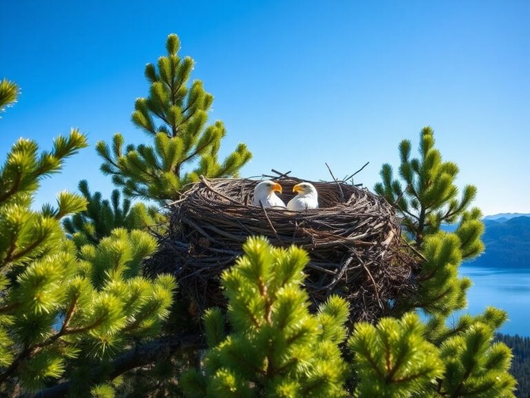 Flick International A close-up view of a bald eagle nest with two white eggs nestled inside surrounded by twigs and greenery.