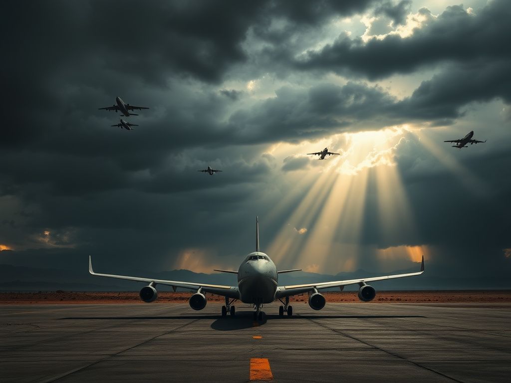Flick International Stormy sky over a barren desert landscape with military aircraft silhouettes