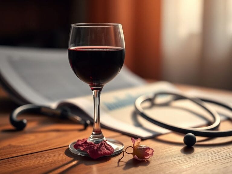 Flick International Close-up of a half-filled glass of red wine with a stethoscope and medical report in the background
