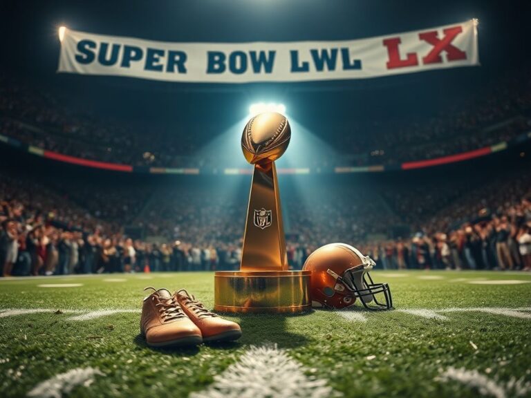 Flick International A gleaming Super Bowl trophy on a pedestal surrounded by worn football cleats and a helmet under stadium lights