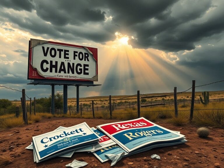 Flick International Stylized depiction of a Texas landscape featuring a weathered election billboard symbolizing political tension