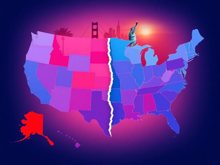 Flick International A divided map of the United States showing blue states in cool shades and red states in warm colors with symbols of political power shift.