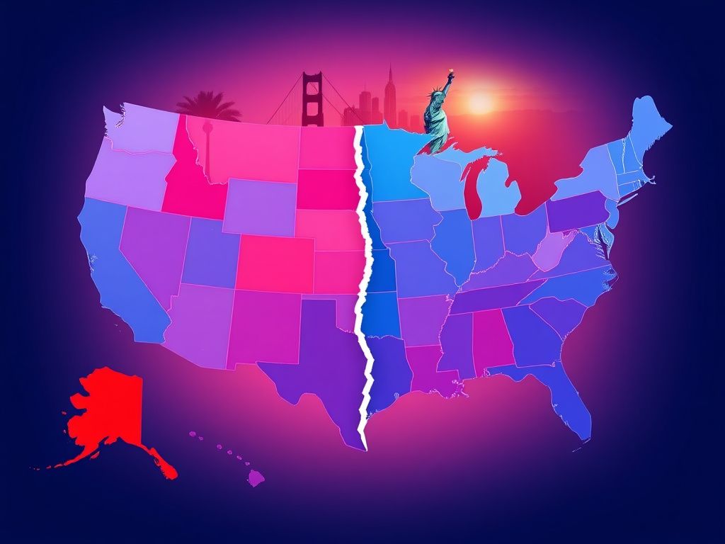 Flick International A divided map of the United States showing blue states in cool shades and red states in warm colors with symbols of political power shift.