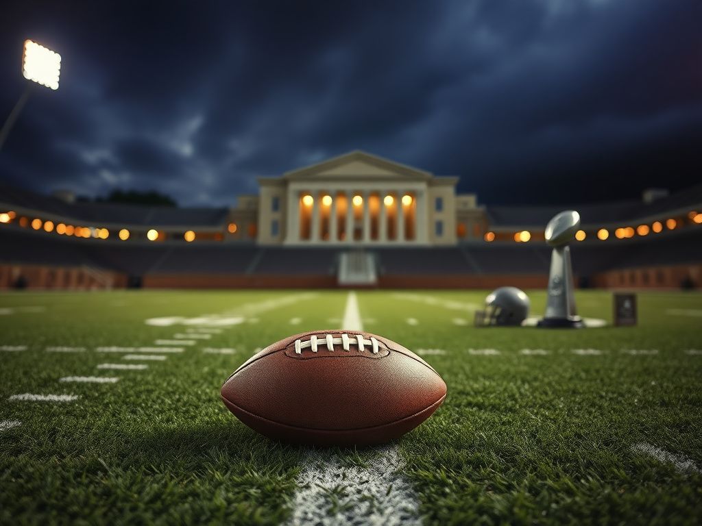 Flick International Emotional scene of an empty football field under stadium lights with a worn football, symbolizing Bill Belichick's Hall of Fame candidacy