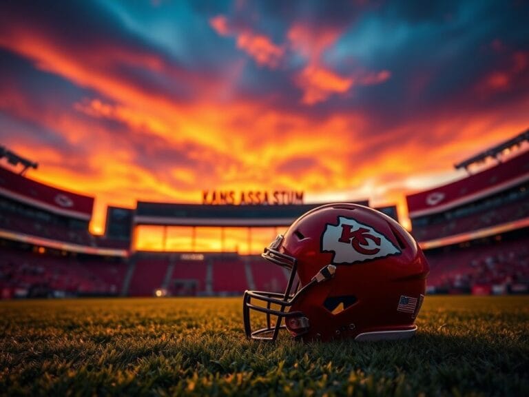 Flick International Dramatic sunset over Arrowhead Stadium with a Chiefs helmet in the foreground