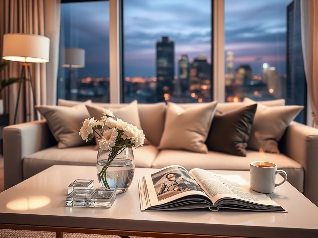 Flick International A serene modern living room setting with warm lighting and elegant decor