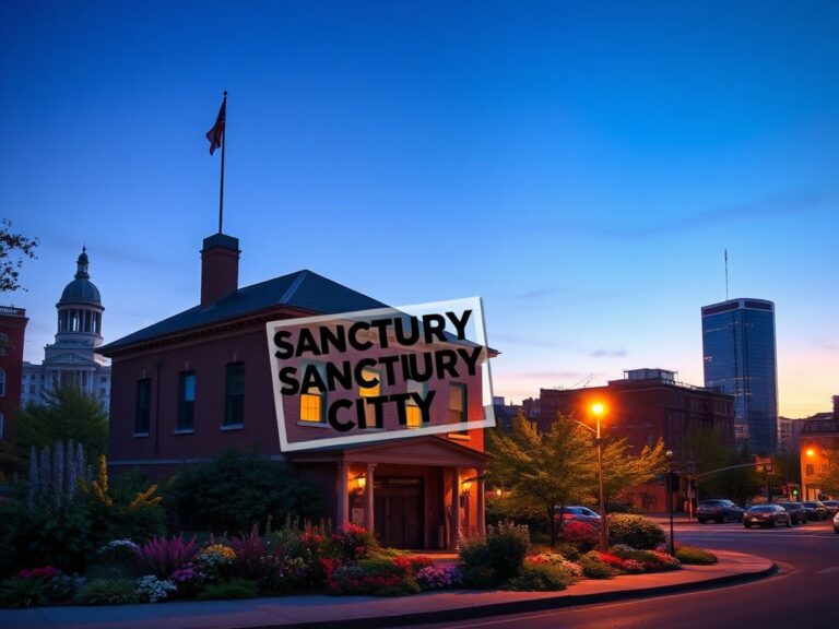 Flick International Serene urban landscape of Boston at dusk with police station and sanctuary city sign