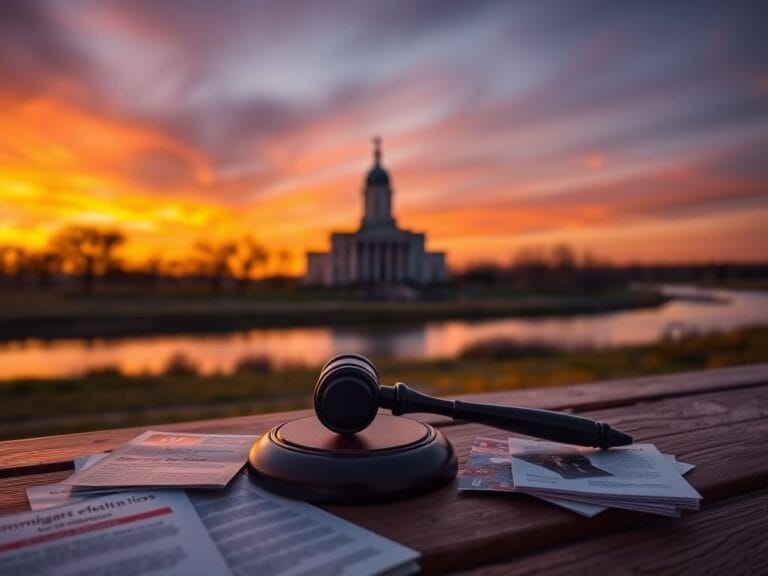 Flick International Serene Minnesota landscape at dusk with courthouse silhouette and gavel symbolizing justice
