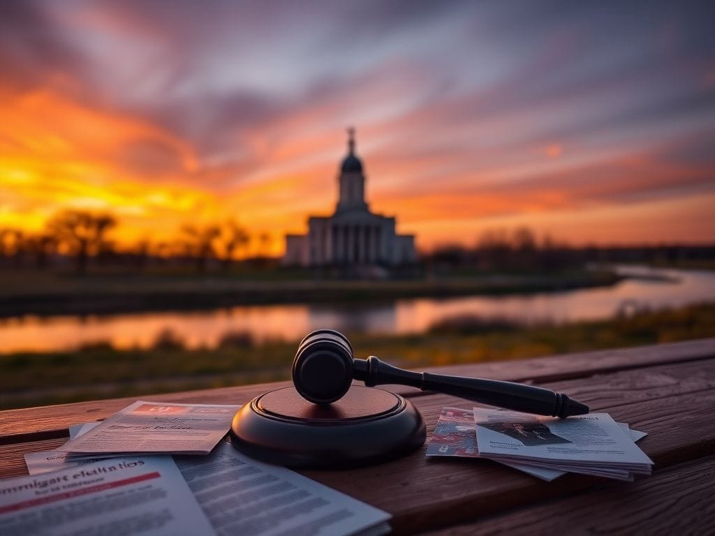 Flick International Serene Minnesota landscape at dusk with courthouse silhouette and gavel symbolizing justice