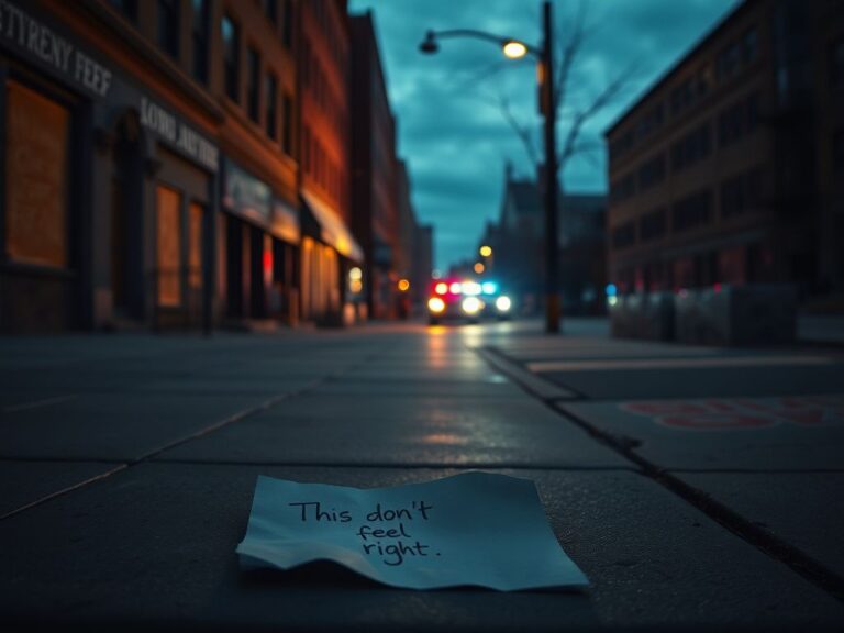 Flick International Empty Minneapolis street at twilight with graffiti and police lights