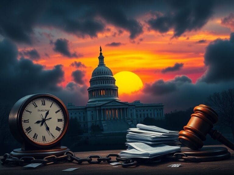 Flick International Dramatic scene of the U.S. Capitol building at dusk with dark clouds and a clock tower signifying urgency