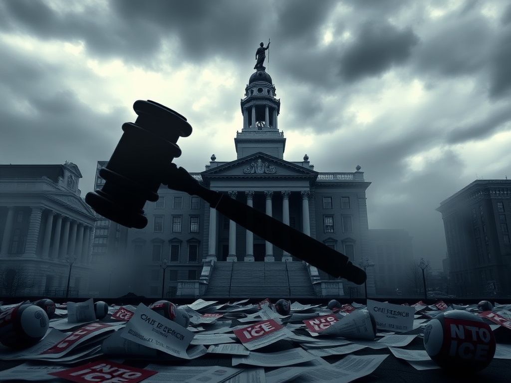 Flick International Dark cityscape of Philadelphia featuring City Hall with a silhouette of a gavel and anti-ICE signs.