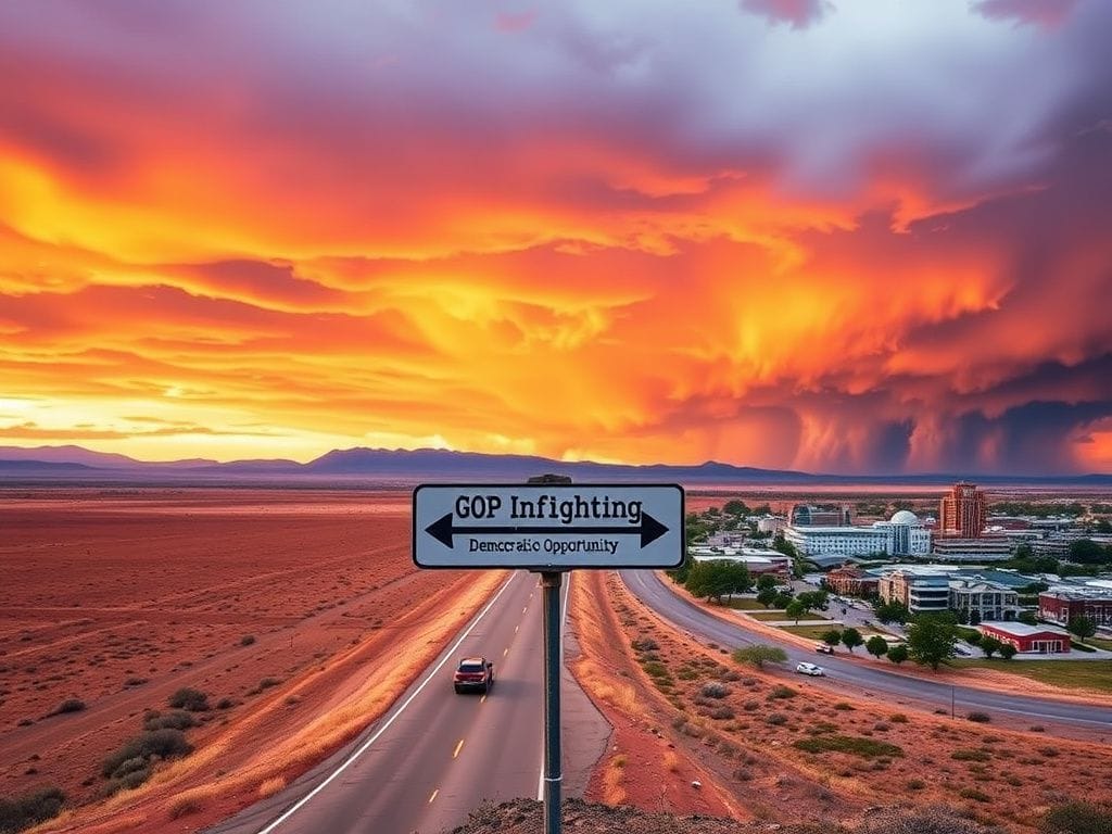 Flick International Vast Texas desert with directional road sign indicating GOP Infighting and Democratic Opportunity