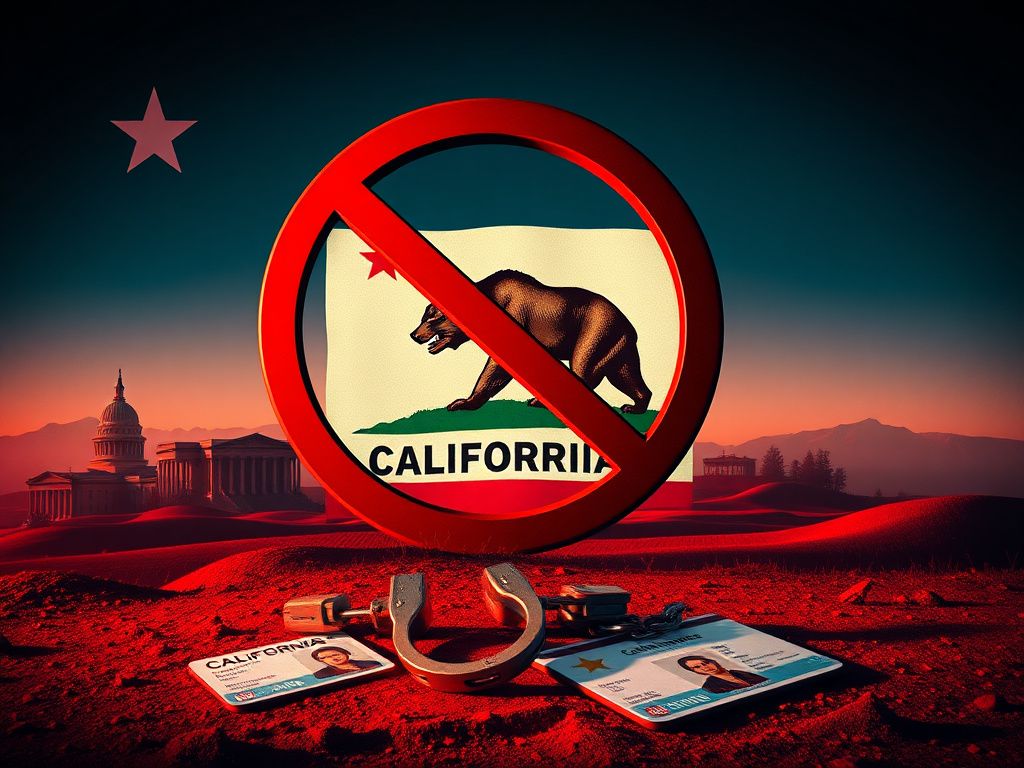 Flick International Conceptual artwork showcasing a large 'No Entry' sign with imagery of government buildings and the Californian flag, symbolizing exclusion in immigration policies