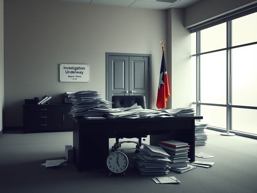 Flick International Empty office space with paperwork for H-1B visas, symbolizing bureaucratic stagnation