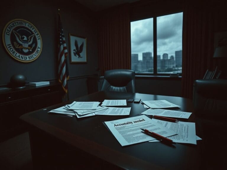 Flick International A somber office scene depicting tension over DHS accountability