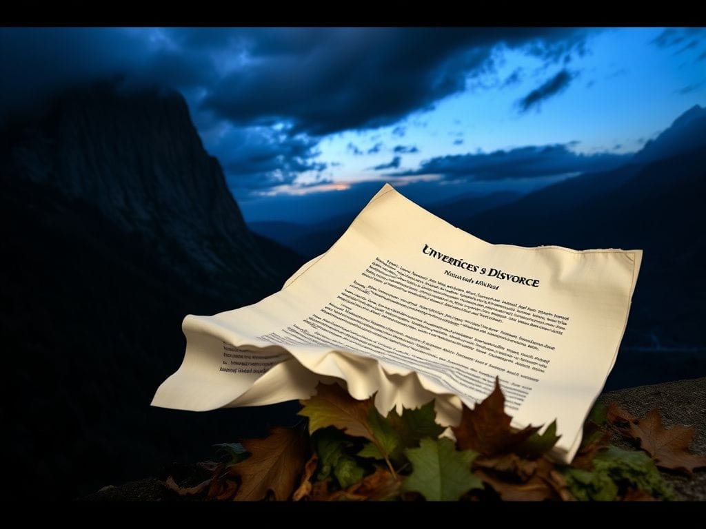 Flick International Crumpled legal document amidst a dramatic mountain landscape