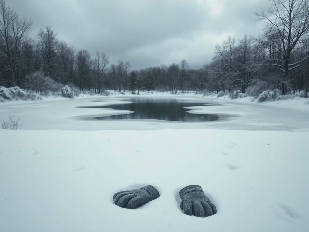 Flick International A frozen pond in a winter landscape with abandoned gloves