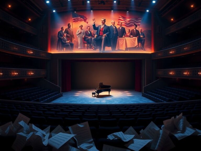 Flick International Dramatic interior of a grand theater with a grand piano on stage