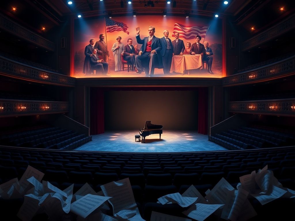 Flick International Dramatic interior of a grand theater with a grand piano on stage