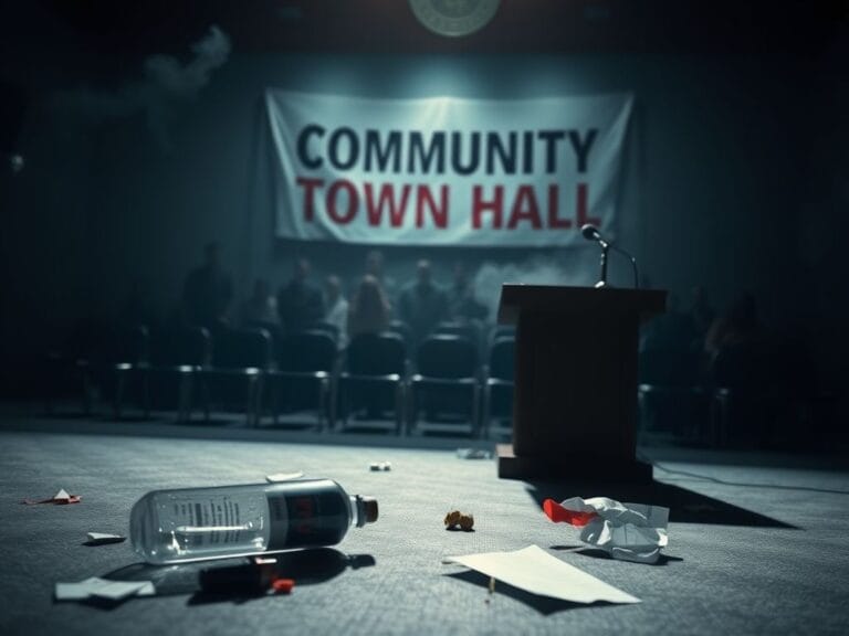 Flick International A dimly lit town hall setting with an empty podium and a chaotic scene on the ground.