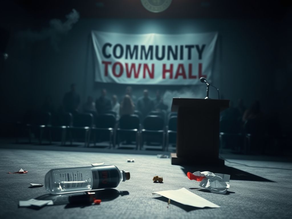 Flick International A dimly lit town hall setting with an empty podium and a chaotic scene on the ground.