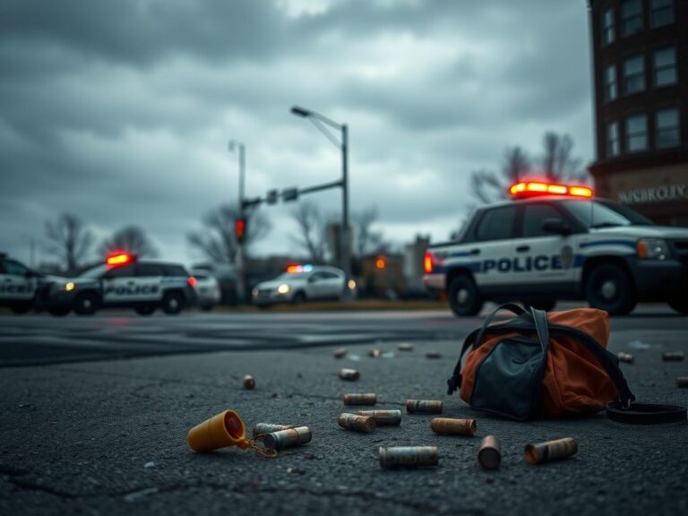 Flick International Urban scene at Nicollet Avenue and 26th Street in Minneapolis depicting abandoned items and police presence after a critical incident.