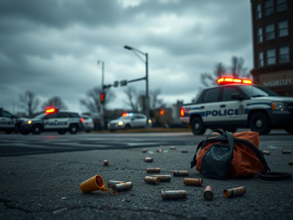 Flick International Urban scene at Nicollet Avenue and 26th Street in Minneapolis depicting abandoned items and police presence after a critical incident.