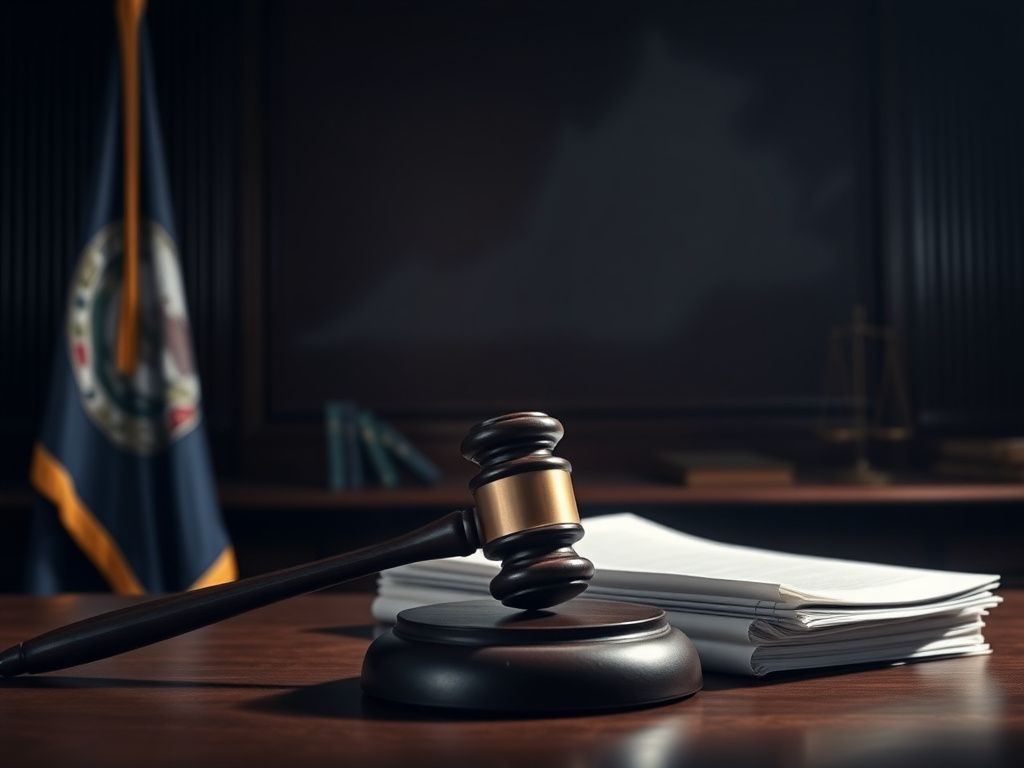 Flick International A dramatic courtroom setting highlighting a gavel and Virginia flag in the context of redistricting