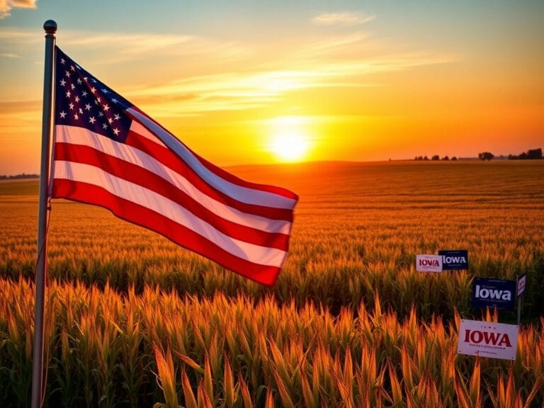 Flick International A vibrant Iowa landscape at sunset with an American flag and cornfields