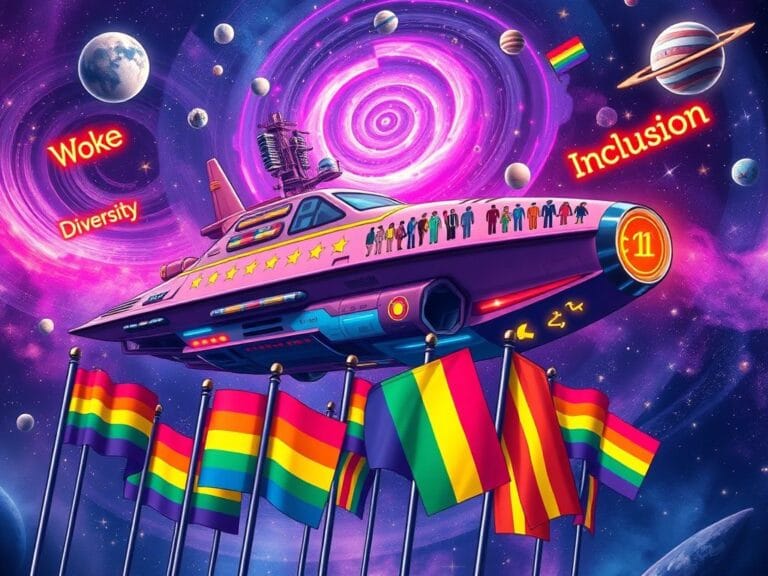Flick International Colorful starship docked against a cosmic nebula backdrop, adorned with diversity symbols.