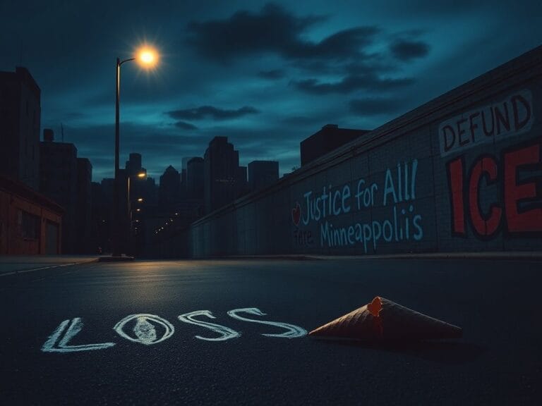 Flick International Dark cityscape of Minneapolis at twilight with an empty street and chalk outlines symbolizing violence