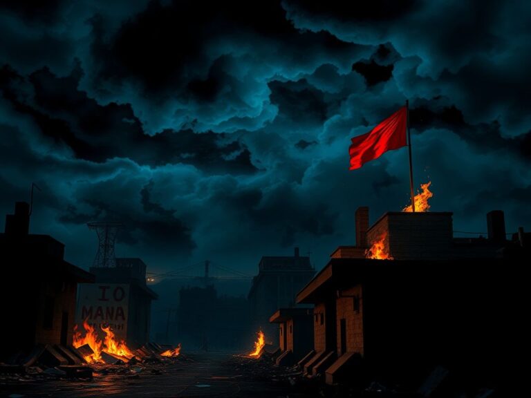 Flick International Darkened Iranian city landscape under turbulent sky indicating unrest