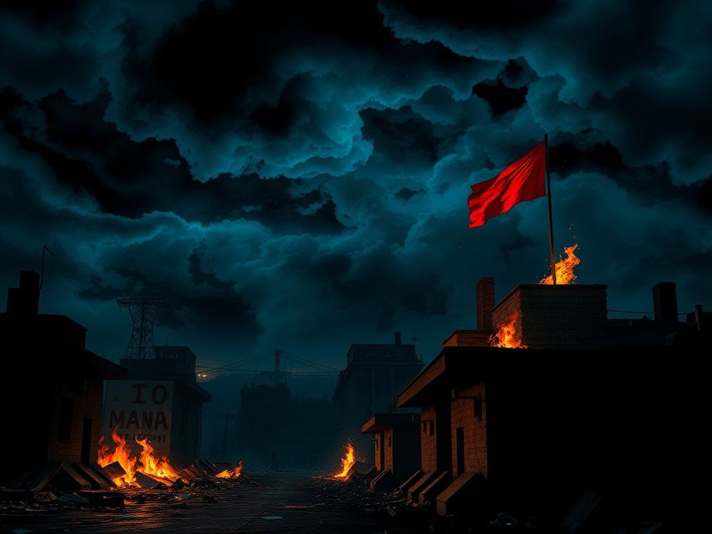 Flick International Darkened Iranian city landscape under turbulent sky indicating unrest