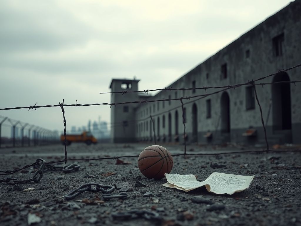 Flick International Stark prison scene with barbed wire and remnants of personal belongings