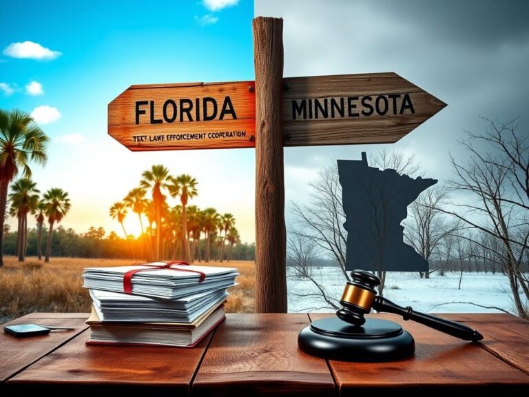 Flick International A weathered wooden signpost with arrows pointing to contrasting landscapes of Florida and Minnesota
